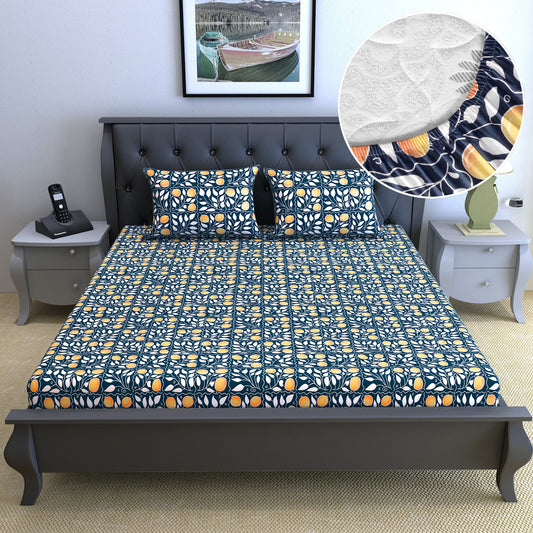 Navy & Orange Floral 144 TC Cotton King Fitted Bedsheet With 2 Pillowcovers