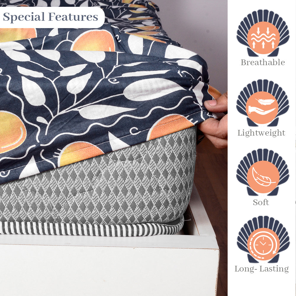 Navy & Orange Floral 144 TC Cotton King Fitted Bedsheet With 2 Pillowcovers