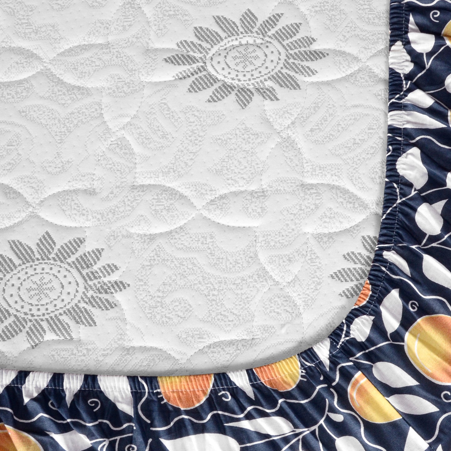 Navy & Orange Clementine Pattern 144 TC Cotton Elastic Fitted Single Bedsheet