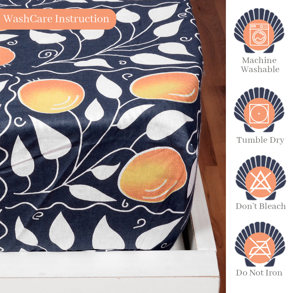 Navy & Orange Floral 144 TC Cotton King Fitted Bedsheet With 2 Pillowcovers