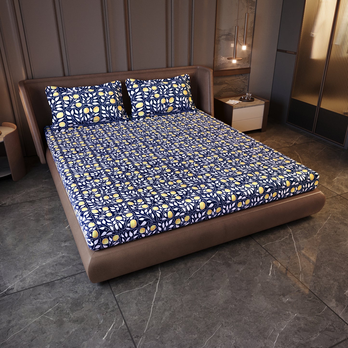 Navy & Orange Clementine Pattern King Size Bedsheet