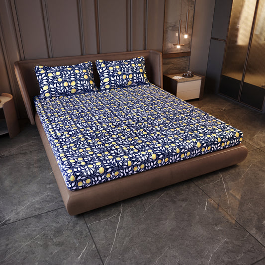 Navy & Orange Clementine Pattern King Size Bedsheet