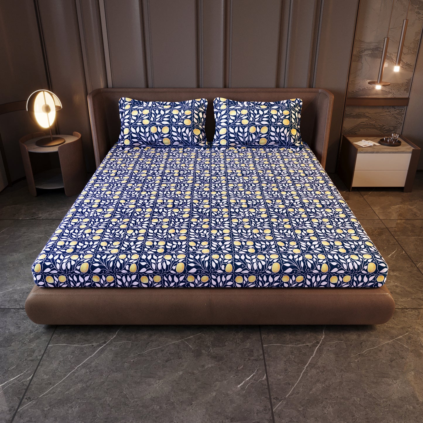 Navy & Orange Clementine Pattern King Size Bedsheet