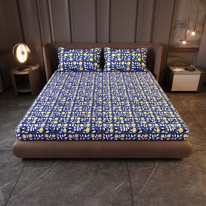 Navy & Orange Clementine Pattern King Size Bedsheet