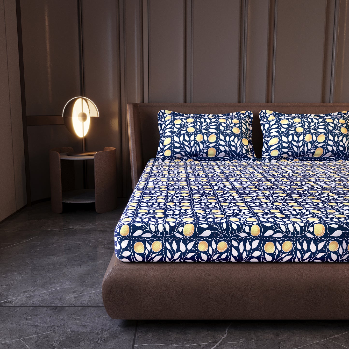 Navy & Orange Clementine Pattern King Size Bedsheet