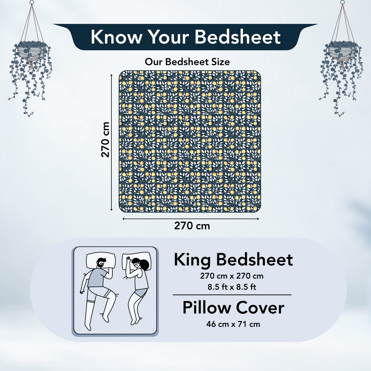Navy & Orange Clementine Pattern King Size Bedsheet