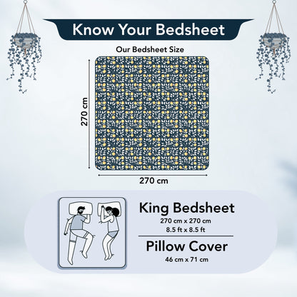 Navy & Orange Clementine Pattern King Size Bedsheet