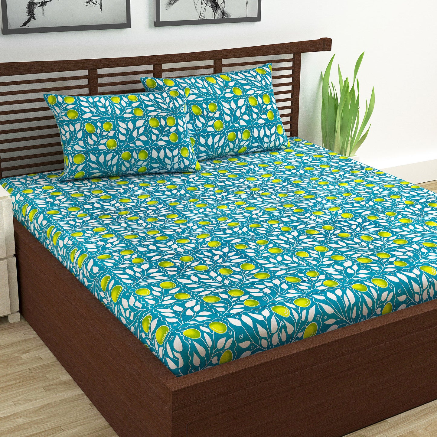 Blue 144 TC 100% Cotton Floral Print Double Bed Bedsheet with 2 Pillow Cover For Bedroom