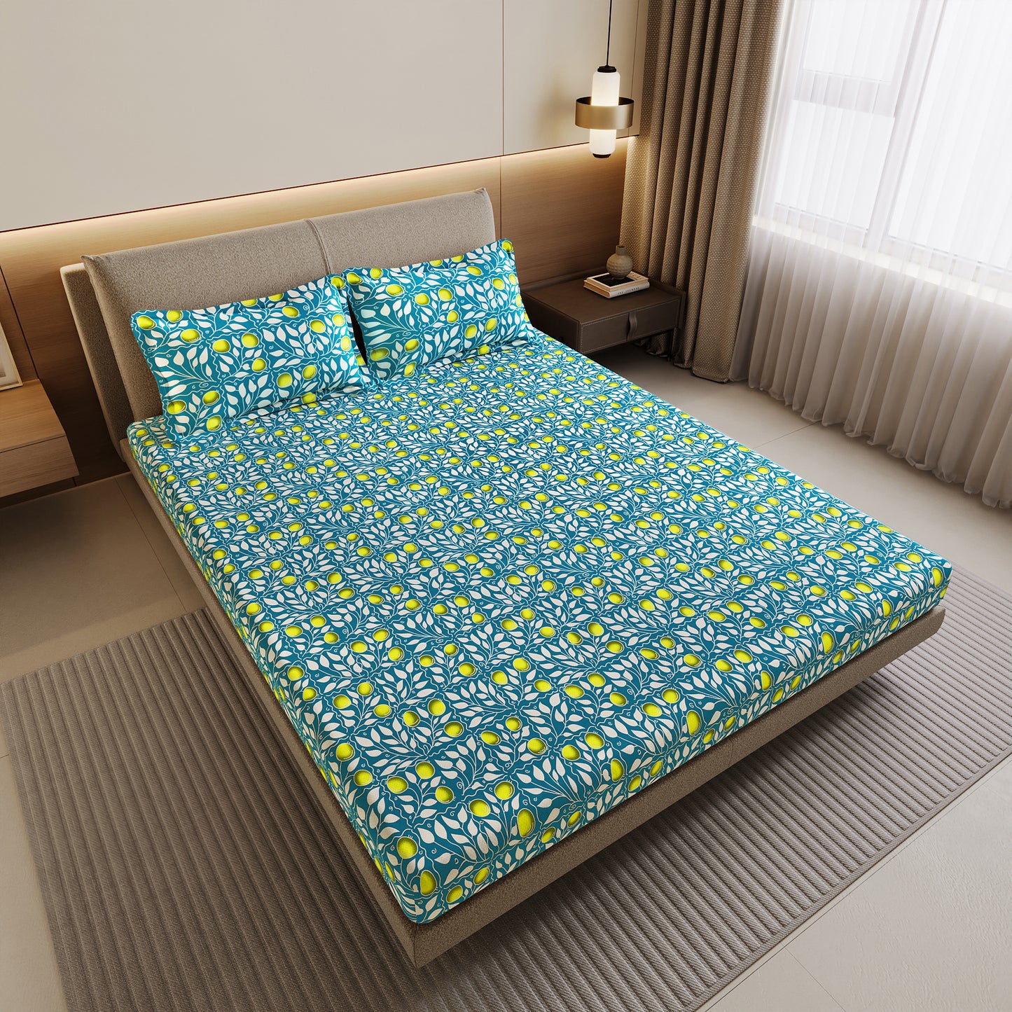 Teal Green & Yellow Clementine Pattern Cotton Double Bedsheet