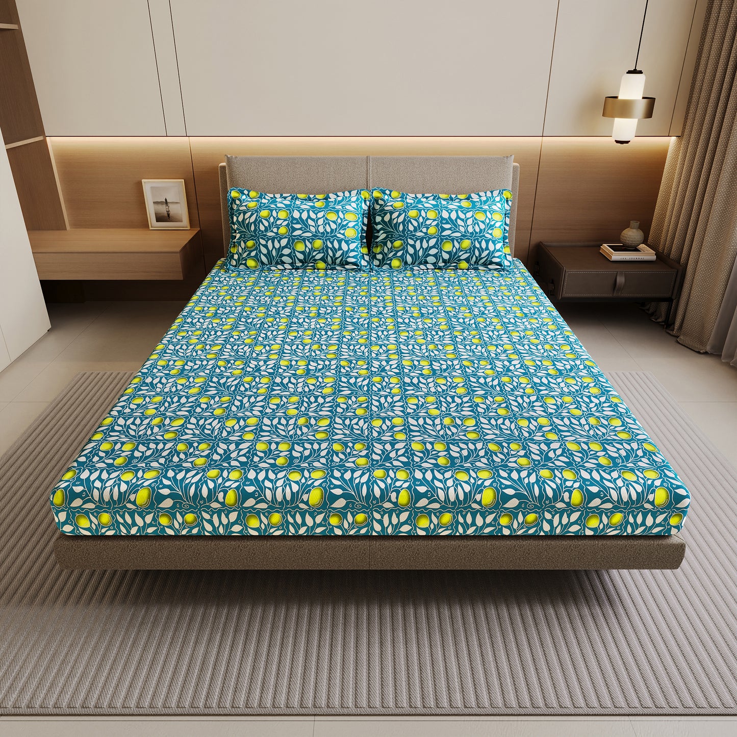 Teal Green & Yellow Clementine Pattern Cotton Double Bedsheet