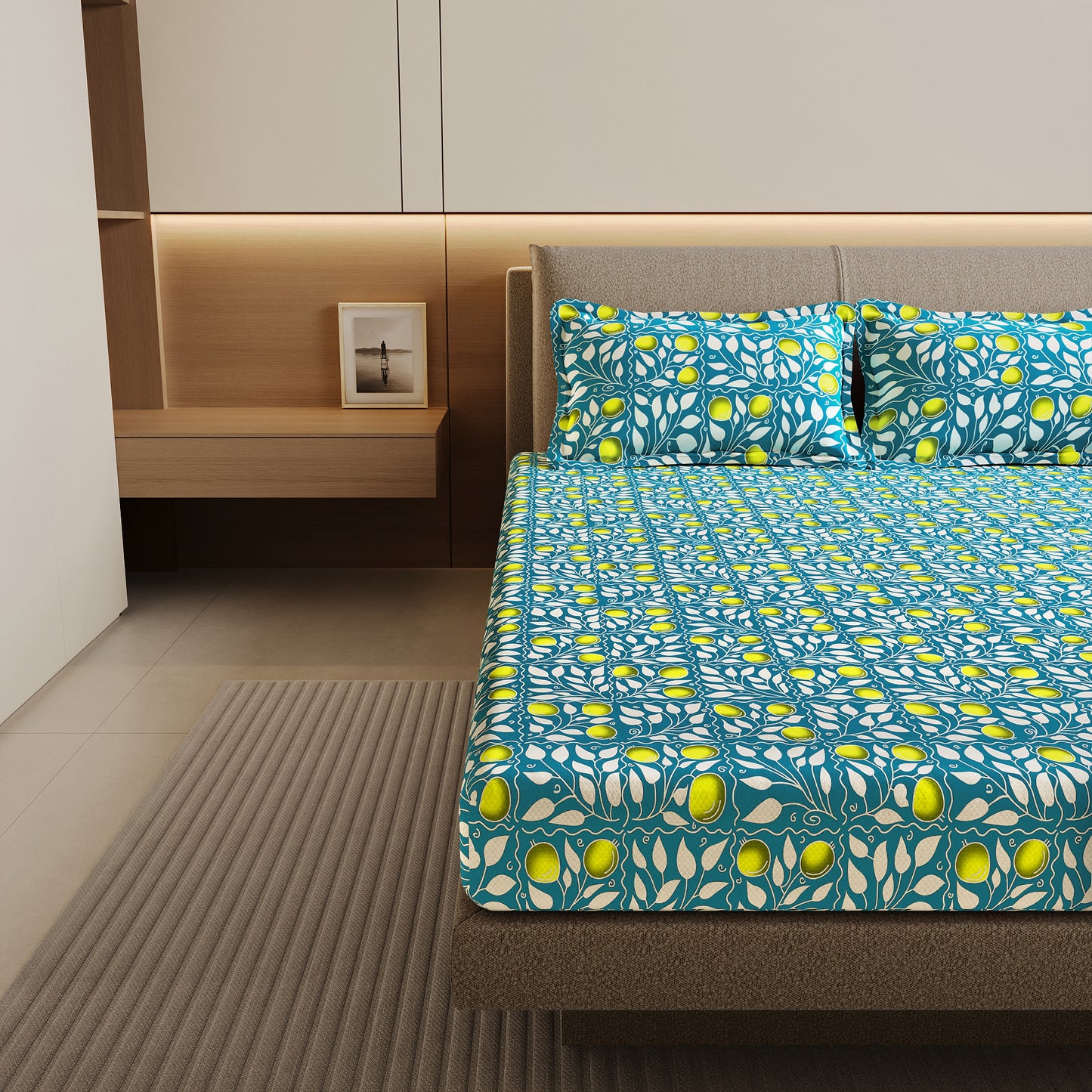 Teal Green & Yellow Clementine Pattern Cotton Double Bedsheet