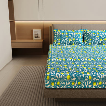 Teal Green & Yellow Clementine Pattern Cotton Double Bedsheet