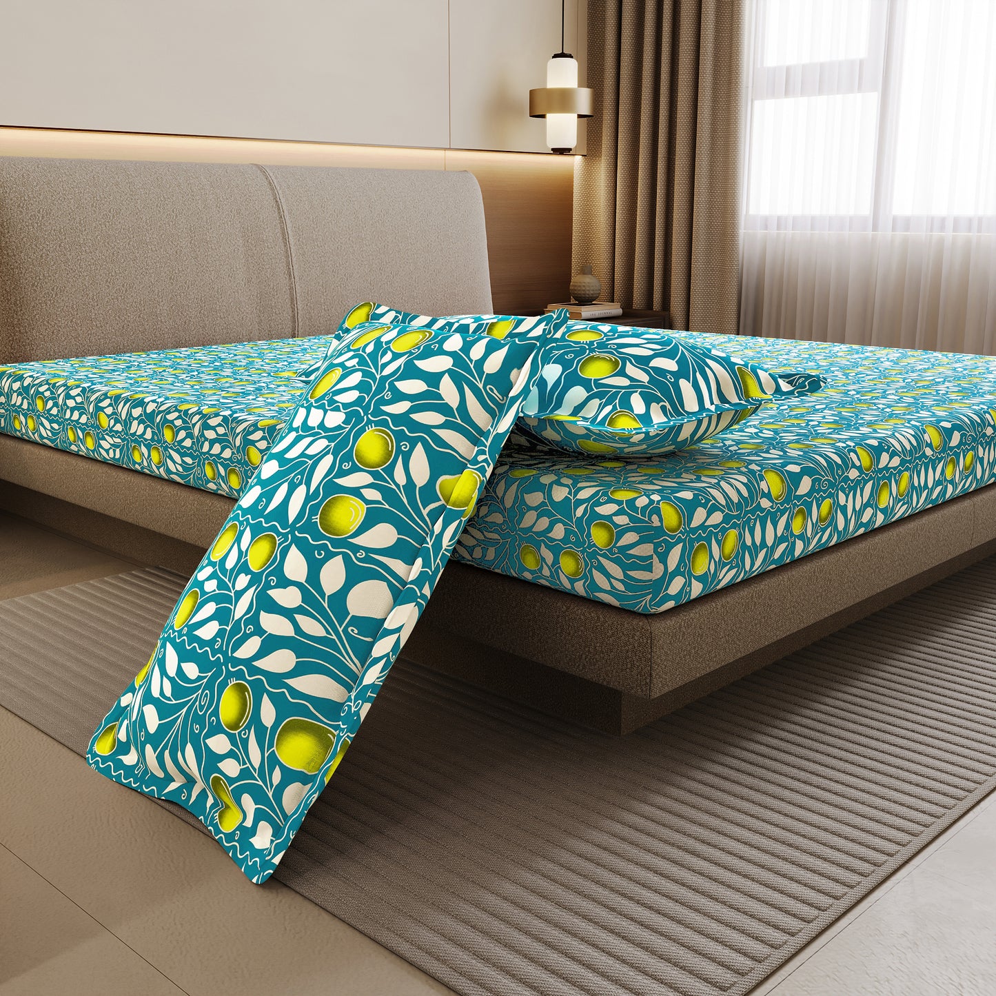 Teal Green & Yellow Clementine Pattern Cotton Double Bedsheet