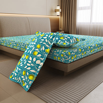 Teal Green & Yellow Clementine Pattern Cotton Double Bedsheet