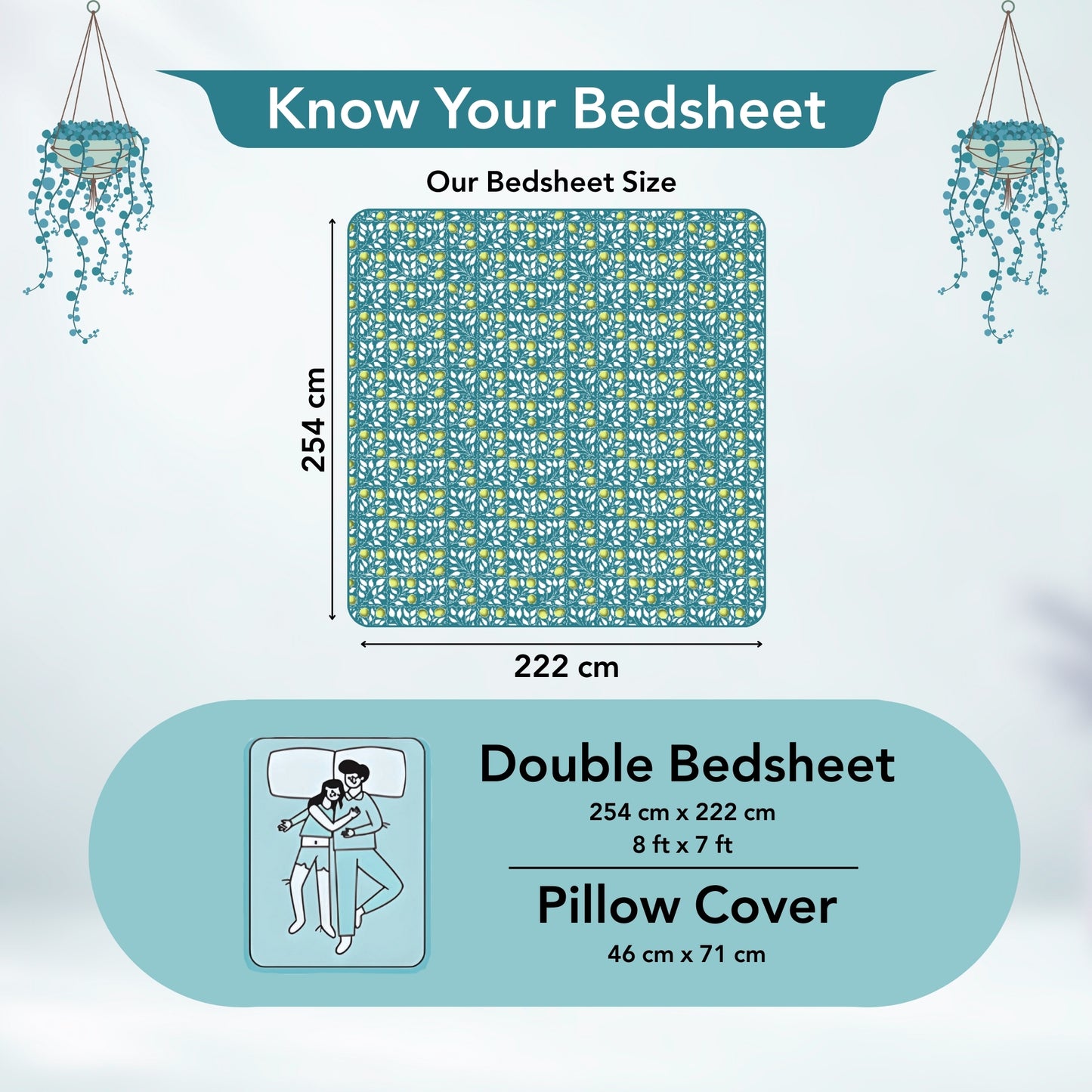 Teal Green & Yellow Clementine Pattern Cotton Double Bedsheet