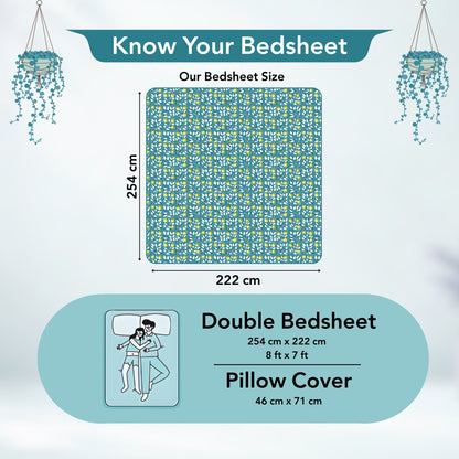 Teal Green & Yellow Clementine Pattern Cotton Double Bedsheet