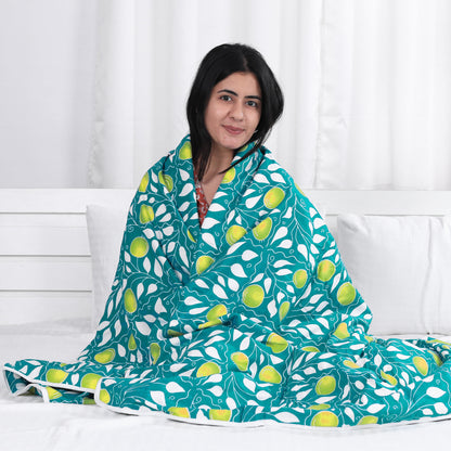 Teal Green & Yellow Clementine Pattern Cotton Double Bedsheet