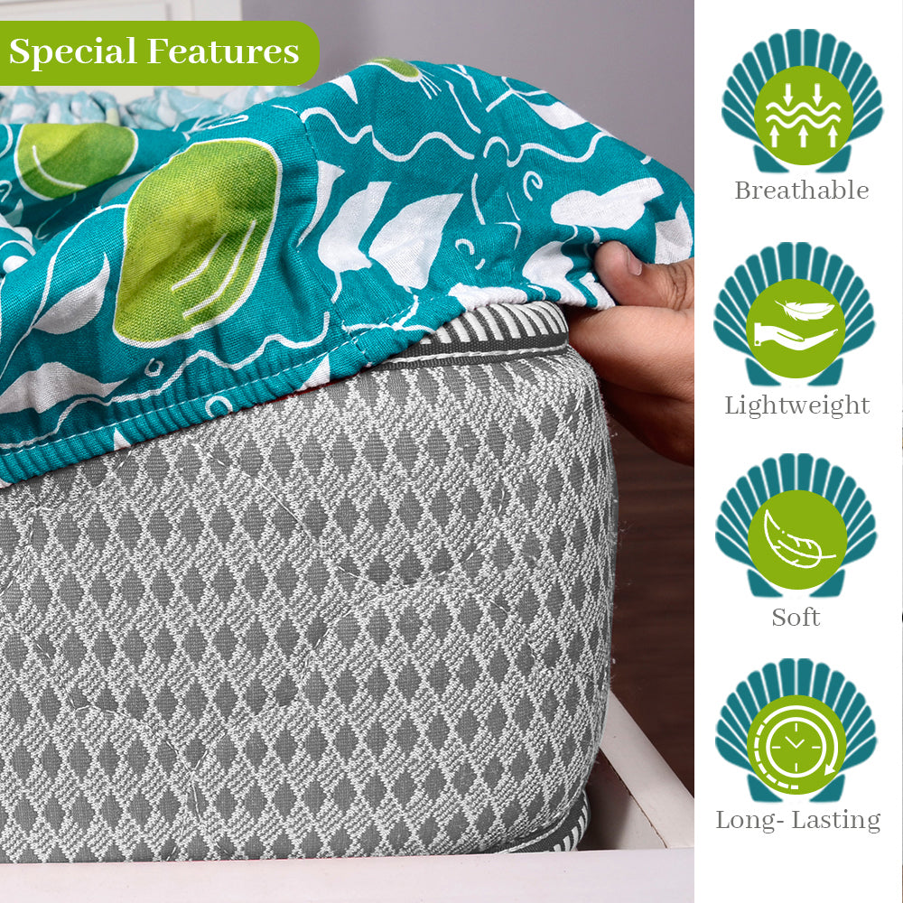 Teal Green & Yellow Clementine Pattern 144 TC Cotton Elastic Fitted Double Bedsheet