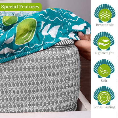Teal Green & Yellow Clementine Pattern 144 TC Cotton Elastic Fitted Single Bed Bedsheet