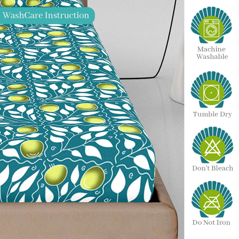 Teal Green & Yellow Clementine Pattern 144 TC Cotton Elastic Fitted Double Bedsheet