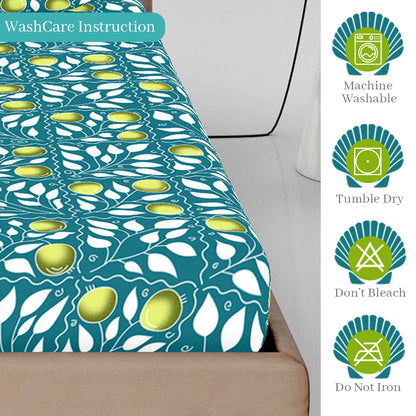 Teal Green & Yellow Clementine Pattern 144 TC Cotton Elastic Fitted King Bedsheet