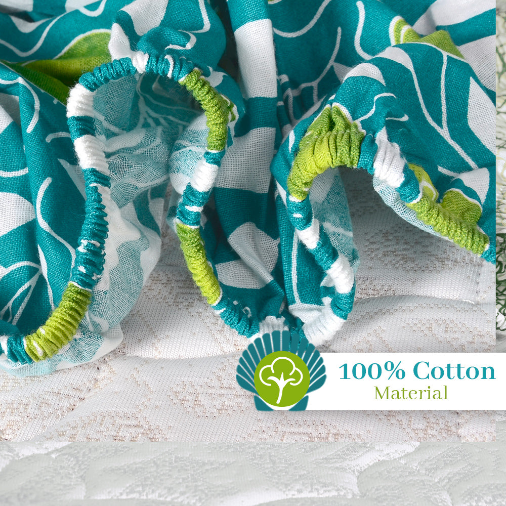Teal Green & Yellow Clementine Pattern 144 TC Cotton Elastic Fitted Single Bed Bedsheet
