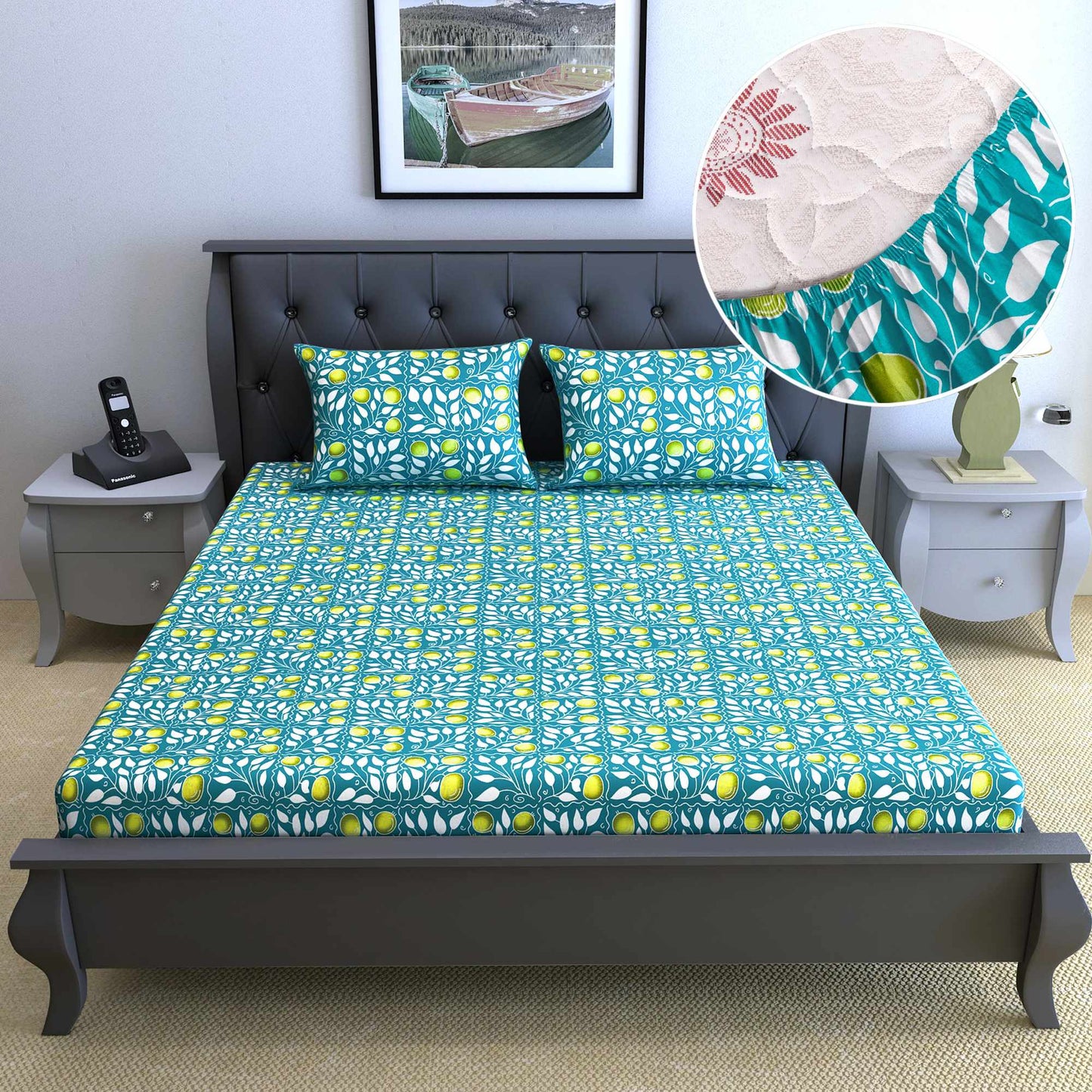 Blue Elegant Floral Elastic Fitted Double Bed Bedsheet