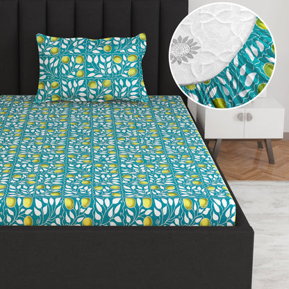 Green Elegant Floral Print Elastic Fitted Bedsheet For Single Bed