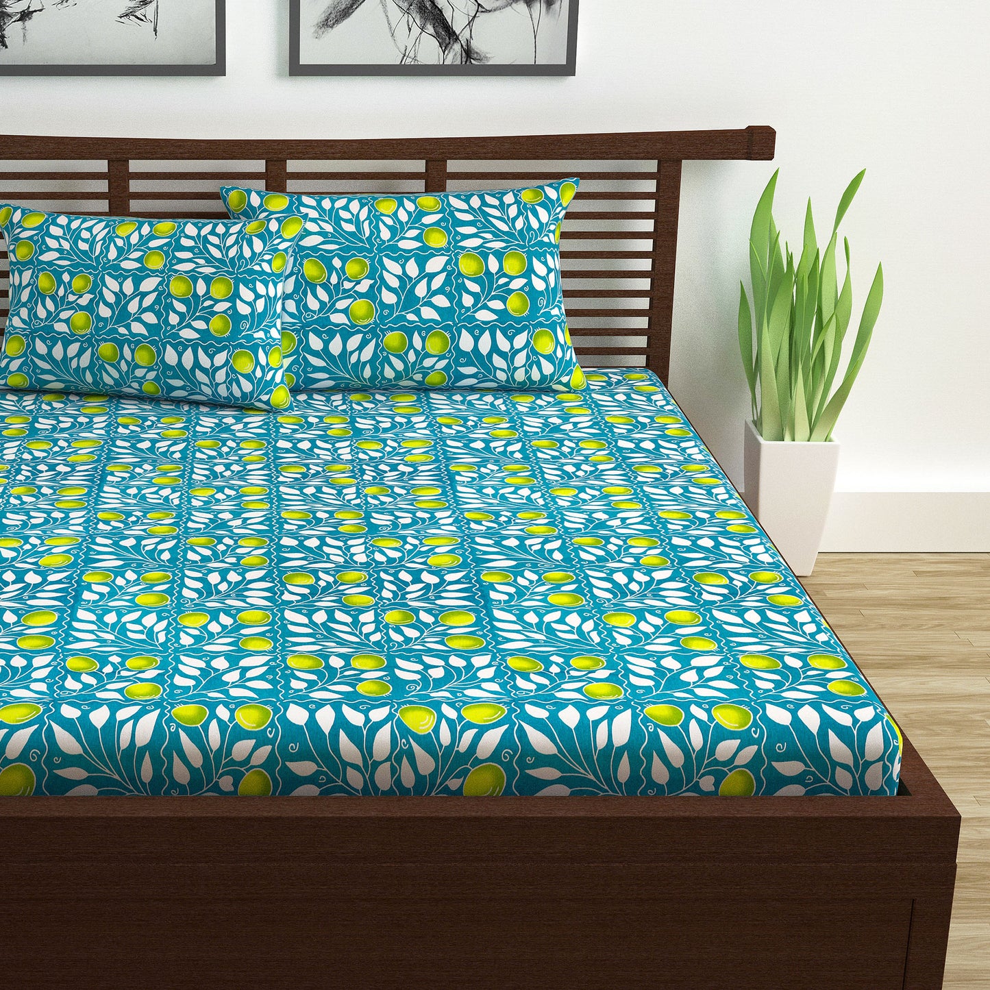 Teal Green & Yellow Clementine Pattern Cotton Double Bedsheet