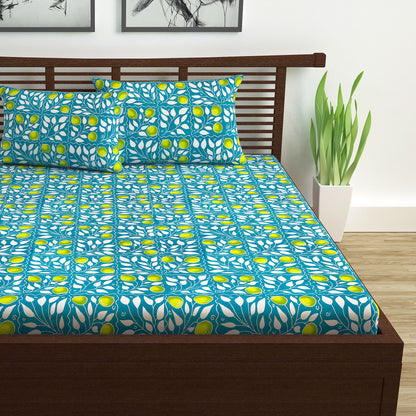Teal Green & Yellow Clementine Pattern Cotton Double Bedsheet