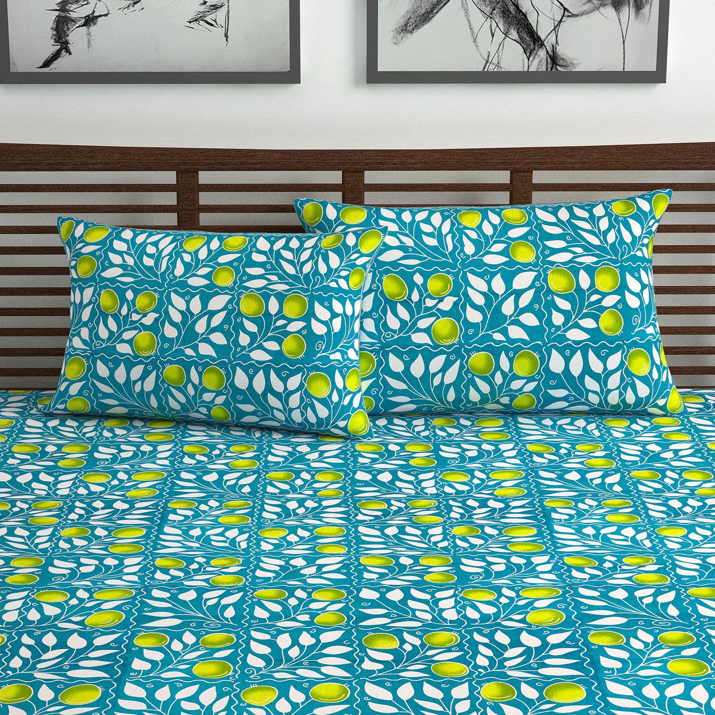 Green and Blue Floral Print Combo Set of 2 Bedsheet for Double Bed