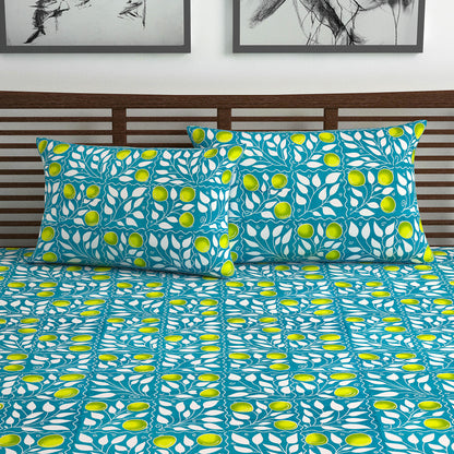 Teal Green & Yellow Clementine Pattern Cotton Double Bedsheet