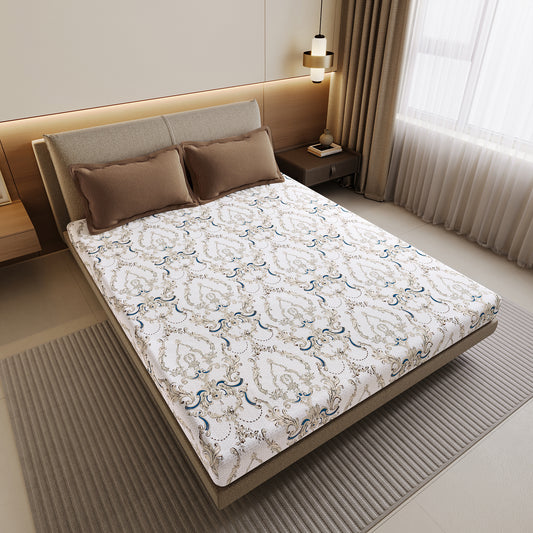 Beige and Grey Kalamkari Retro Print Bedsheet For Double Bed