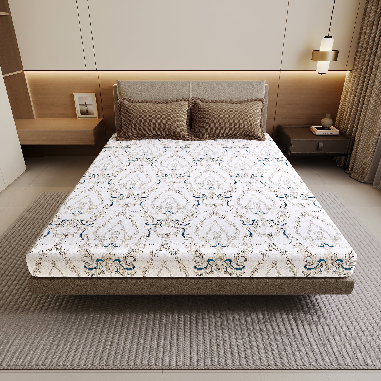 Beige and Grey Kalamkari Retro Print Bedsheet For Double Bed