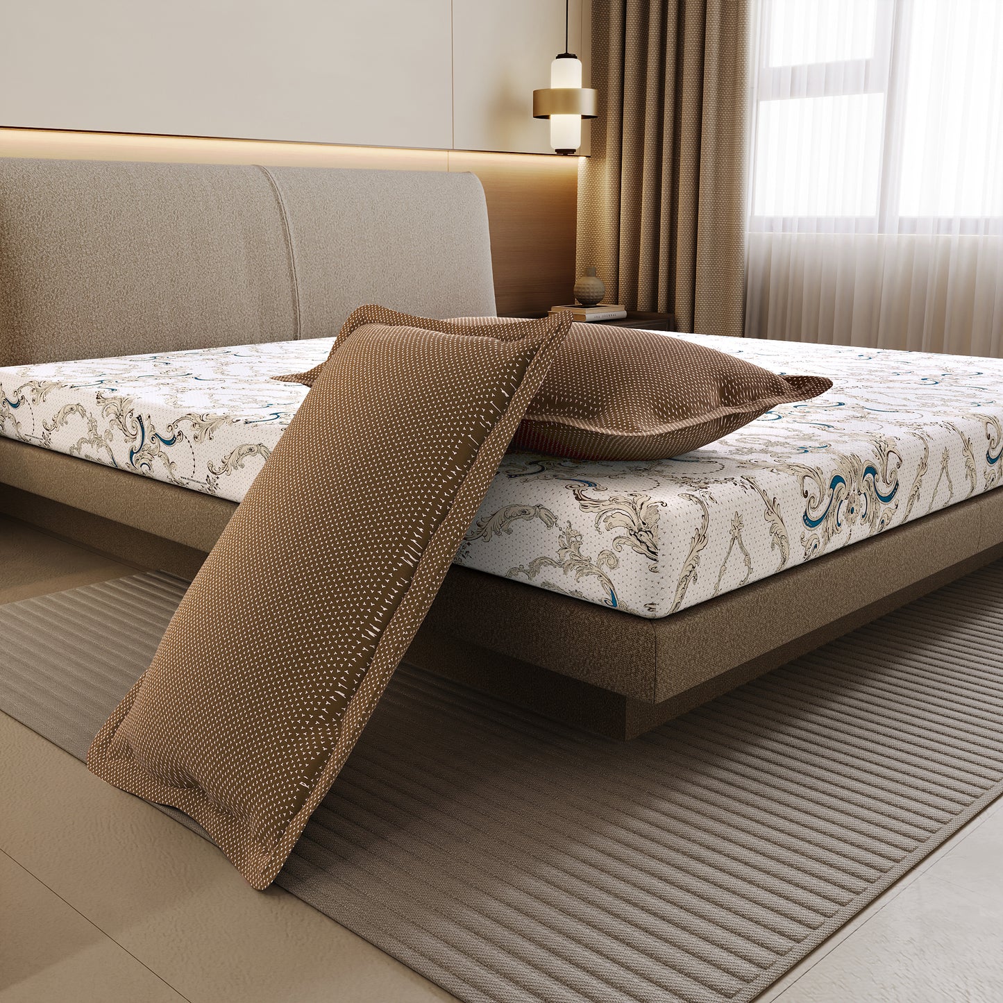 Beige and Grey Kalamkari Retro Print Bedsheet For Double Bed