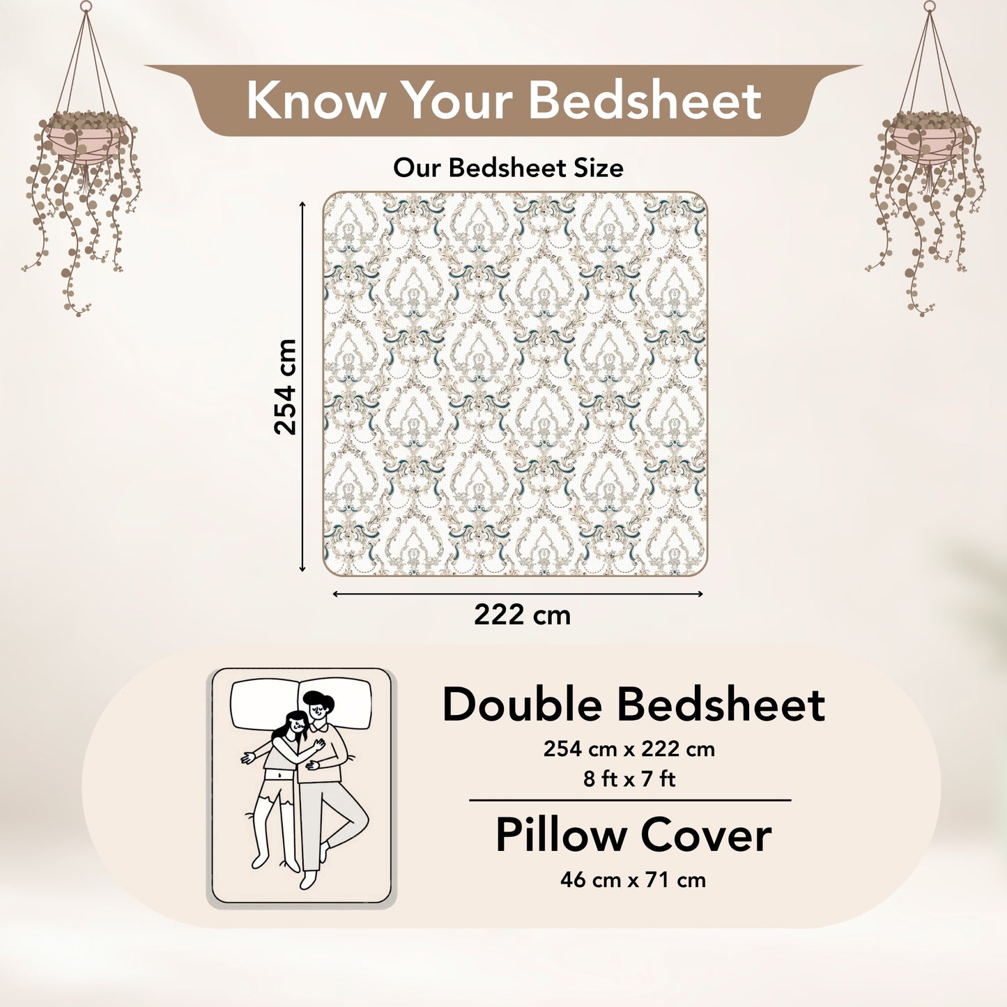 Beige and Grey Kalamkari Retro Print Bedsheet For Double Bed