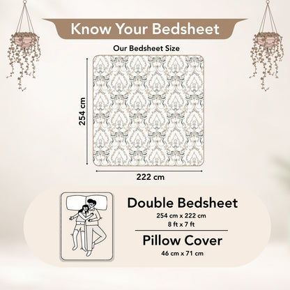 Beige and Grey Kalamkari Retro Print Bedsheet For Double Bed