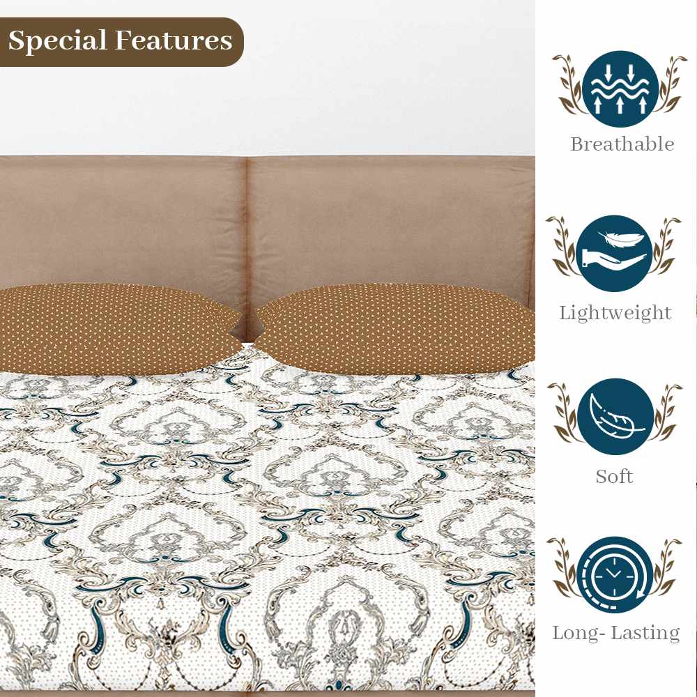Brown and White Cotton 144 TC Ethnic Print Fitted Bedsheet For Double Bed