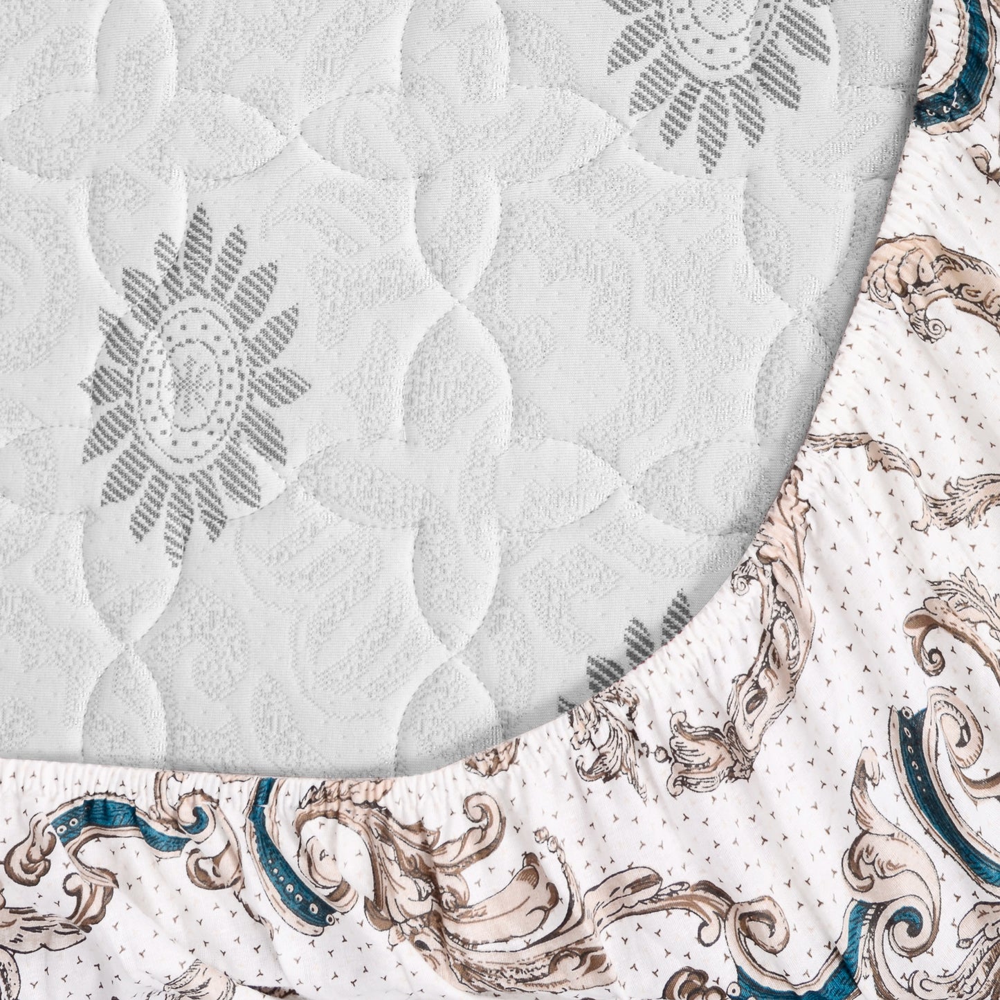 Ivory Gold Floral 144 TC Cotton Double Fitted Bedsheet With 2 Pillowcovers