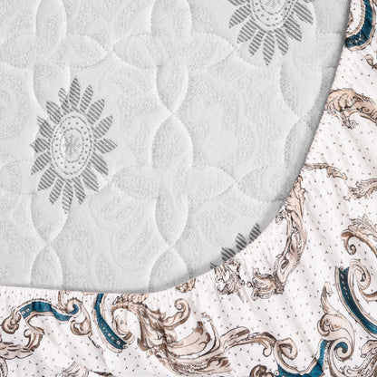 Ivory Gold Floral 144 TC Cotton Double Fitted Bedsheet With 2 Pillowcovers