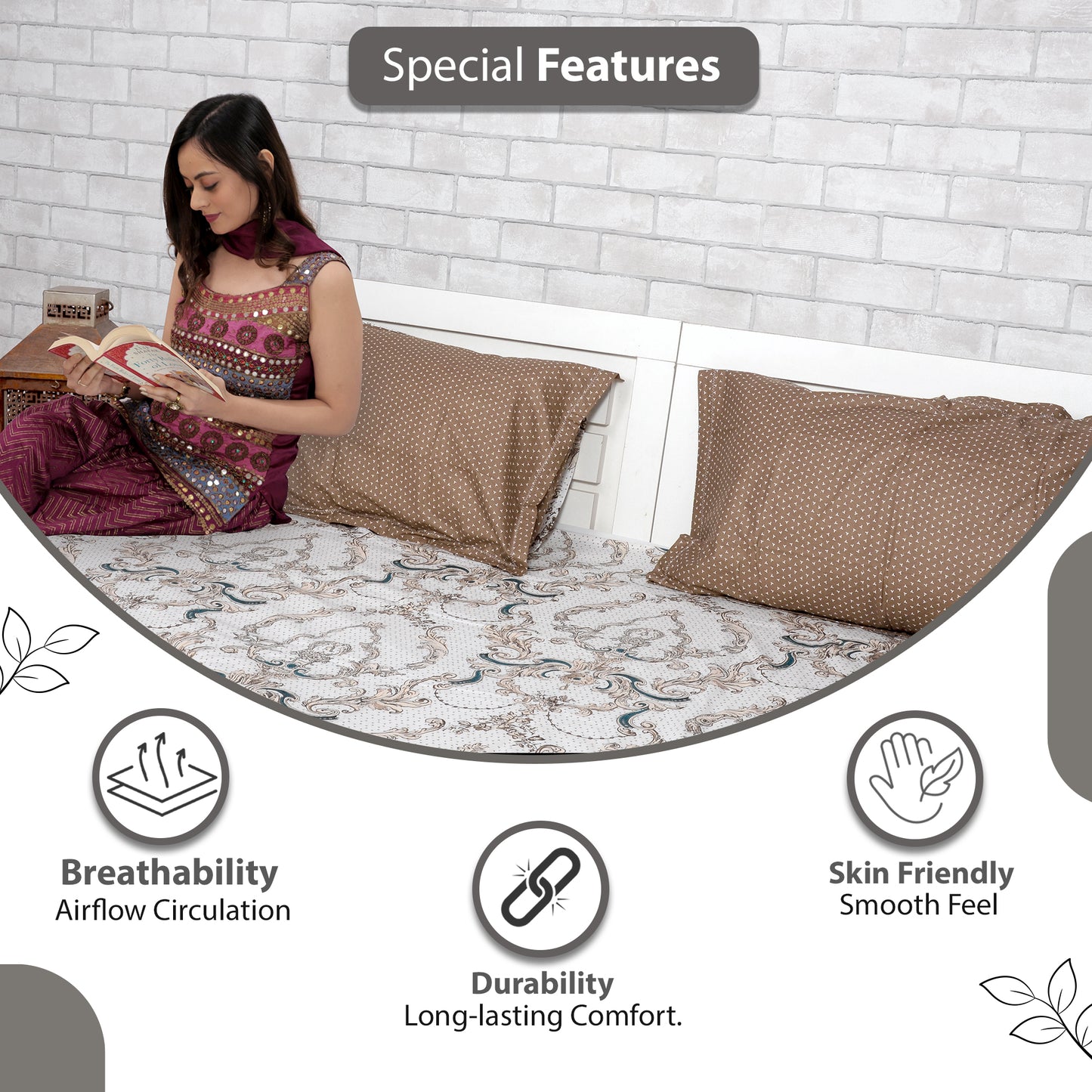 Ivory Gold Floral Bedsheet For King Size Bed with 2 Pillow Covers