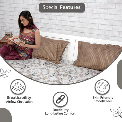 Ivory Gold Floral Bedsheet For King Size Bed with 2 Pillow Covers