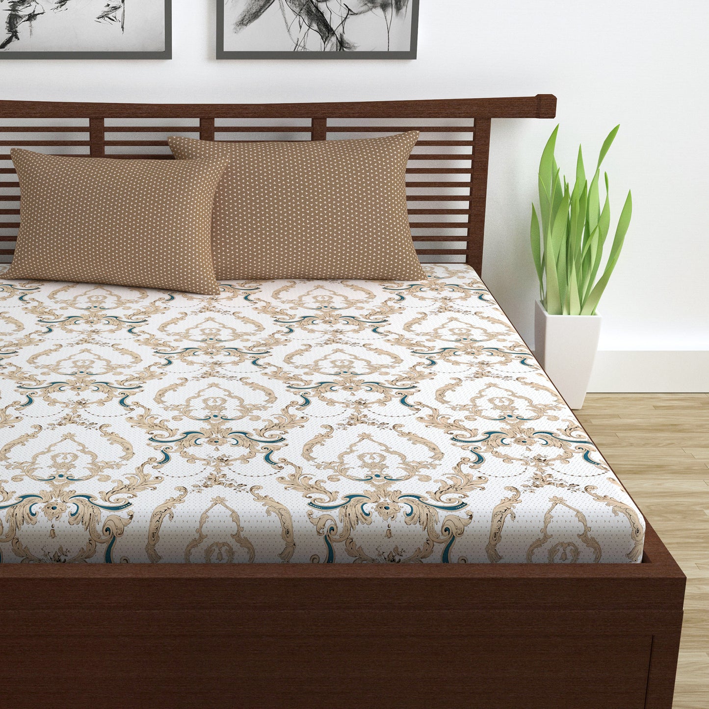 Beige and Grey Kalamkari Retro Print Bedsheet For Double Bed