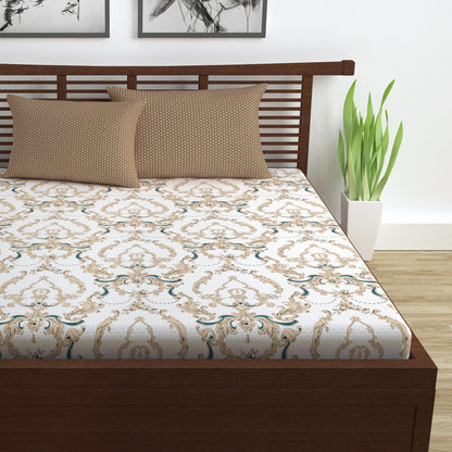Beige and Grey Kalamkari Retro Print Bedsheet For Double Bed