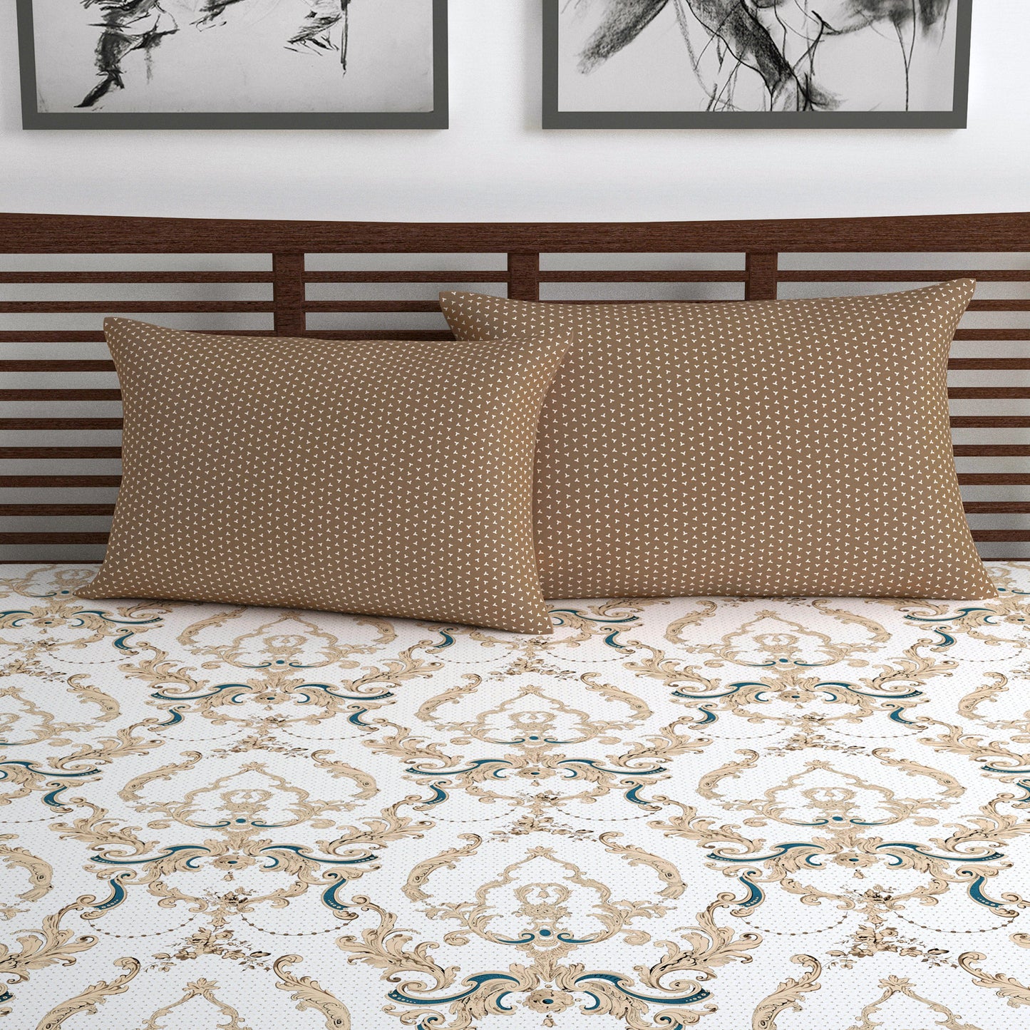 Beige and Grey Kalamkari Retro Print Bedsheet For Double Bed