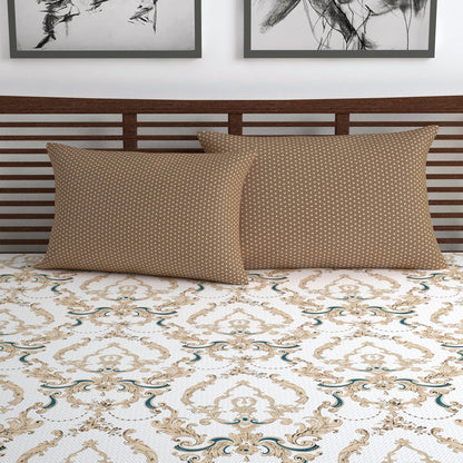 Beige and Grey Kalamkari Retro Print Bedsheet For Double Bed