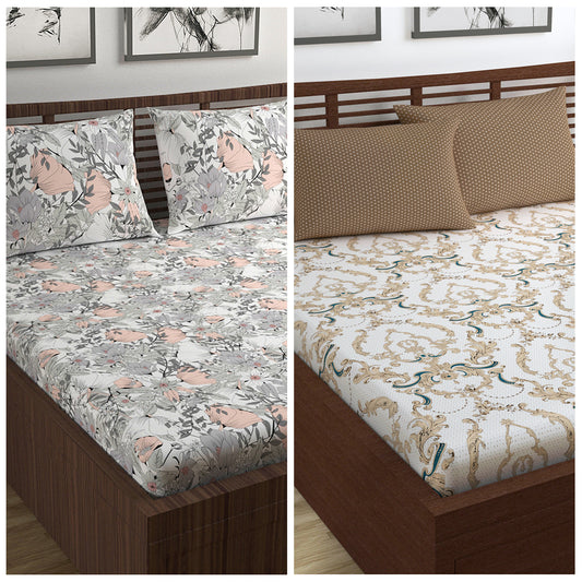 Beige and Grey Floral Print Combo Set of 2 Bedsheet for Double Bed