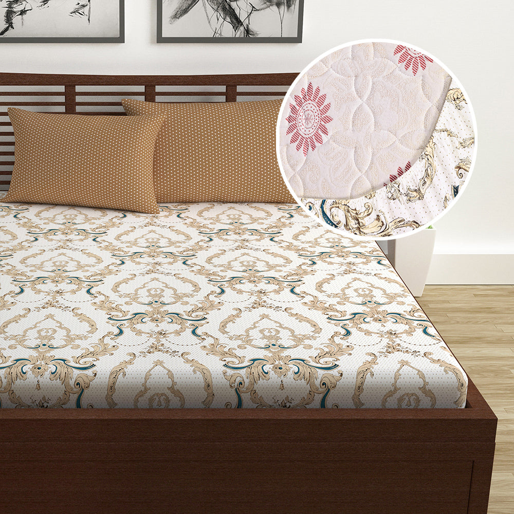 Ivory Gold Floral 144 TC Cotton Double Fitted Bedsheet With 2 Pillowcovers