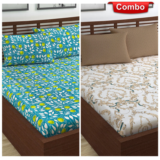 Ethnic Floral And Leaf Pattern Elastic Fitted Double Bedsheet Combo