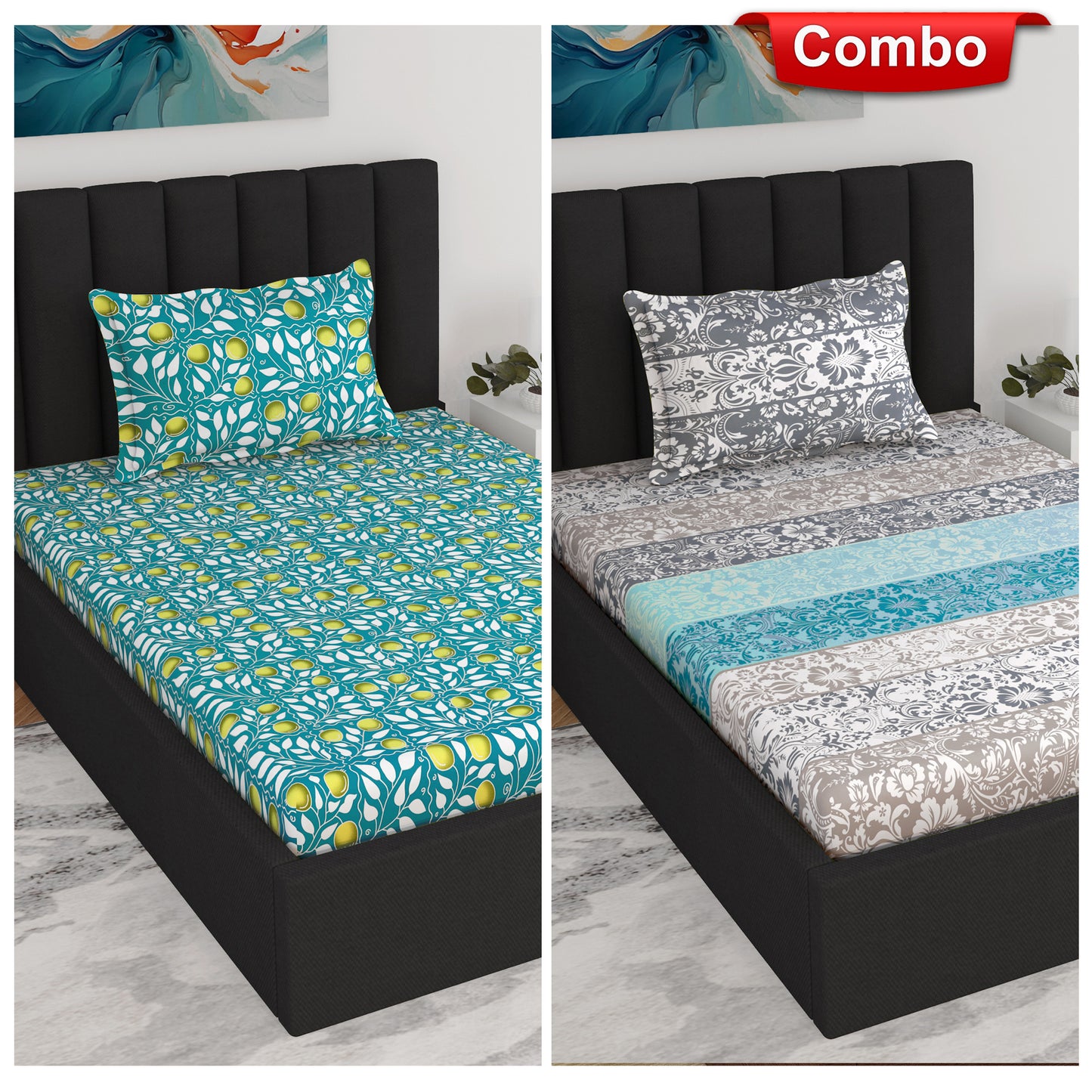 Blue and Grey Floral Print Elastic Fitted Combo Bedsheet For Single Bed